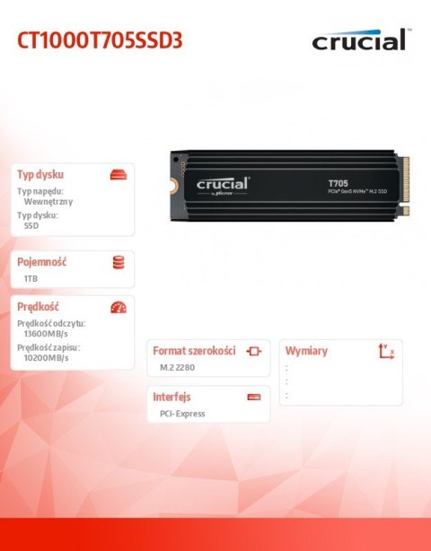 Dysk SSD T705 1TB M.2 NVMe 2280 PCIe 5.0 13600/10200 Dysk SSD T705 1TB M.2 NVMe 2280 PCIe 5.0 13600/10200