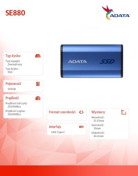 Dysk zewnętrzny SSD SE880 500 GB USB3.2A/C Gen2x2 Niebieski Dysk zewnętrzny SSD SE880 500 GB USB3.2A/C Gen2x2 Niebieski