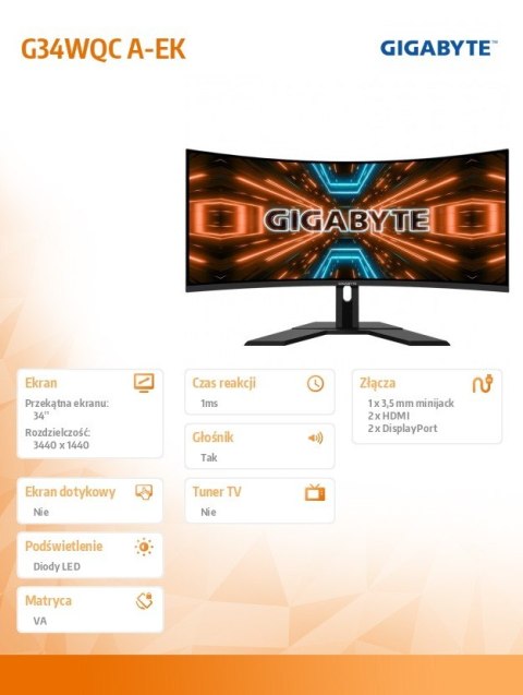 Monitor 34 cali G34WQC A-EK 1ms/QHD/HDMI/12mln:1/USB Monitor 34 cali G34WQC A-EK 1ms/QHD/HDMI/12mln:1/USB