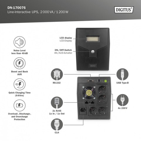 Zasilacz awaryjny UPS Line-Ineractive LCD, 2000VA/1200W, 2x12V/9Ah, AVR, 4xSCHUKO, USB, RS232, RJ45 Zasilacz awaryjny UPS Line-Ineractive LCD, 2000VA/1200W, 2x12V/9Ah, AVR, 4xSCHUKO, USB, RS232, RJ45