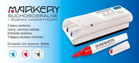 Markery suchościeralne, komplet 3sztuki ( czarny,niebieski,czerowny) + gąbka magnetyczna Markery suchościeralne, komplet 3sztuki ( czarny,niebieski,czerowny) + gąbka magnetyczna