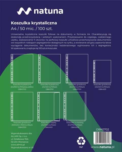 Koszulki krystaliczne na dokumenty A4 50mic 100 sztuk w pudełku NATUNA Koszulki krystaliczne na dokumenty A4 50mic 100 sztuk w pudełku NATUNA