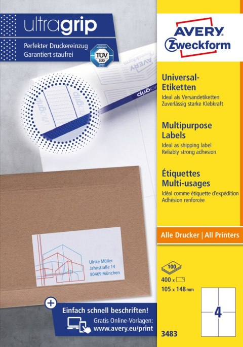 Etykiety A4 białe(100 arkuszy) 105x148mm ULTRAGRIP 3483 AVERY ZWECKFORM