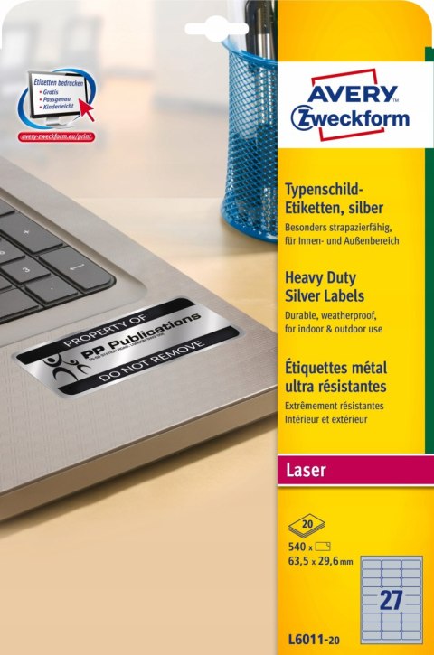 Etykiety Heavy Duty 63.5x29.6mm srebrne poliestrowe L6011-20szt AVERY ZWECKFORM Etykiety Heavy Duty 63.5x29.6mm srebrne poliestrowe L6011-20szt AVERY ZWECKFORM