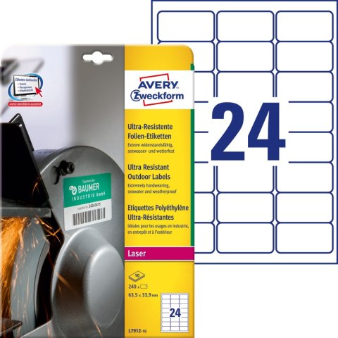 Etykiety foliowe A4 białe (10 arkuszy) 63,5x33,9mm L7912-10 do użytku zewnętrznego AVERY ZWECKFORM Etykiety foliowe A4 białe (10 arkuszy) 63,5x33,9mm L7912-10 do użytku zewnętrznego AVERY ZWECKFORM