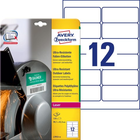 Etykiety foliowe A4 białe (10 arkuszy) 99,1x42,3mm L7913-10 do użytku zewnętrznego AVERY ZWECKFORM Etykiety foliowe A4 białe (10 arkuszy) 99,1x42,3mm L7913-10 do użytku zewnętrznego AVERY ZWECKFORM
