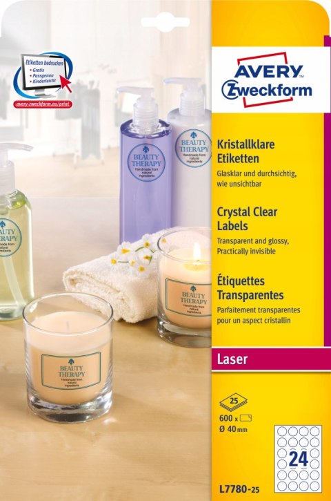 Etykiety śr.40mm przezroczyste (25 ark) L7780-25 AVERY ZWECKFORM Crystal Clear Etykiety śr.40mm przezroczyste (25 ark) L7780-25 AVERY ZWECKFORM Crystal Clear