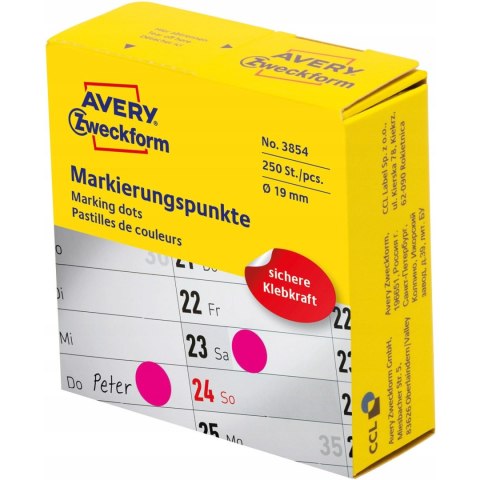 Kółka w dyspenserze trwałe 250szt. 19mm różowe 3854 AVERY ZWECKFORM Kółka w dyspenserze trwałe 250szt. 19mm różowe 3854 AVERY ZWECKFORM