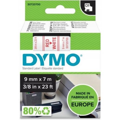 Taśma czerwony nadruk na białym 9mm x 7m DYMOS0720700 Taśma czerwony nadruk na białym 9mm x 7m DYMOS0720700