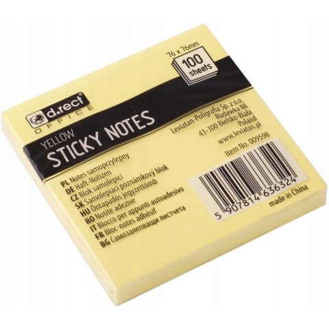 Bloczek samoprzylepny 76x76mm 100k żółty D.RECT (009598) Bloczek samoprzylepny 76x76mm 100k żółty D.RECT (009598)