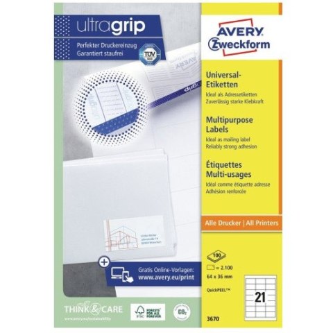 Etykieta A4 białe (100 arkuszy) 64x36mm 3670 ULTRA GRIP AVERY ZWECKFORM Etykieta A4 białe (100 arkuszy) 64x36mm 3670 ULTRA GRIP AVERY ZWECKFORM