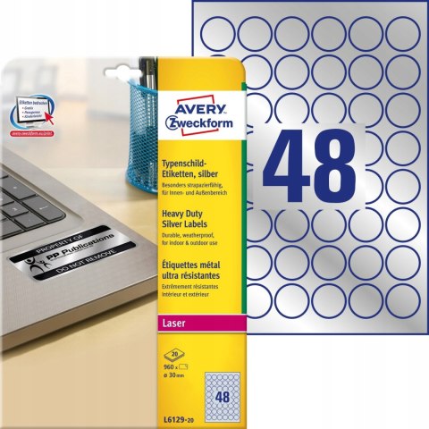 Etykiety znamionowe srebrne średnica Q 30mm L6129-20szt AVERY ZWECKFORM Etykiety znamionowe srebrne średnica Q 30mm L6129-20szt AVERY ZWECKFORM
