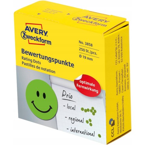 Kółka Uśmiechnięta buźka trwałe 19mm zielone 3858 AVERY ZWECKFORM Kółka Uśmiechnięta buźka trwałe 19mm zielone 3858 AVERY ZWECKFORM