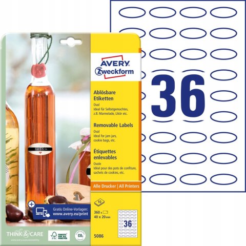 Usuwalne etykiety na przetwory A4 10 ark. 40 x 20 owalne białe 5086 AVERY ZWECKFORM Usuwalne etykiety na przetwory A4 10 ark. 40 x 20 owalne białe 5086 AVERY ZWECKFORM