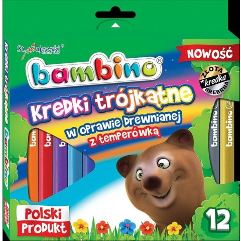 Kredki trójkątne z glinki kaolinowej Zestaw 12 kredek + temperówka BAMBINO St.Majewski