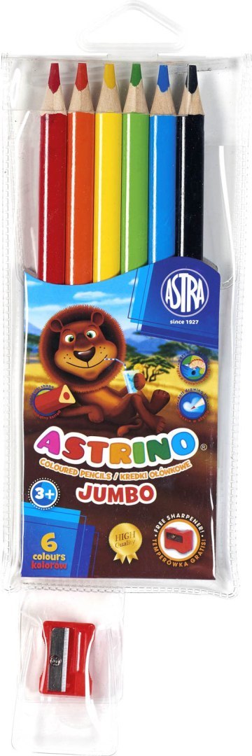 Kredki ołówkowe trójkątne JUMBO 6 kolorów + temperówka 312115003 ASTRINO