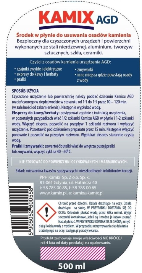 Preparat do usuwania kamienia KAMIX AGD odkamieniacz w płynie 500ml Preparat do usuwania kamienia KAMIX AGD odkamieniacz w płynie 500ml