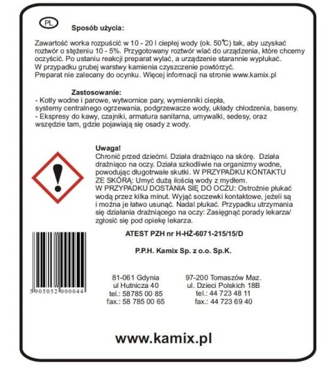 Preparat do usuwania kamienia kotłowego KAMIX odkamieniacz 1kg Preparat do usuwania kamienia kotłowego KAMIX odkamieniacz 1kg