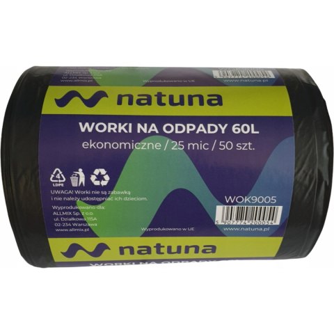 Worki na śmieci 60L 25mic LDPE ekonomiczne NATUNA (50szt) Worki na śmieci 60L 25mic LDPE ekonomiczne NATUNA (50szt)