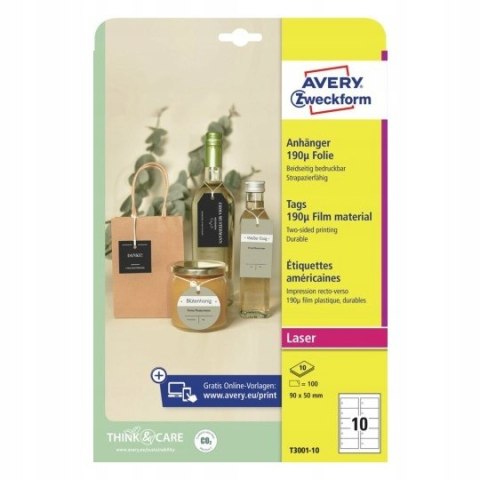Zawieszki foliowe (10 arkuszy) 90x50mm Quick&Clean T3001-10 AVERY ZWECKFORM Zawieszki foliowe (10 arkuszy) 90x50mm Quick&Clean T3001-10 AVERY ZWECKFORM