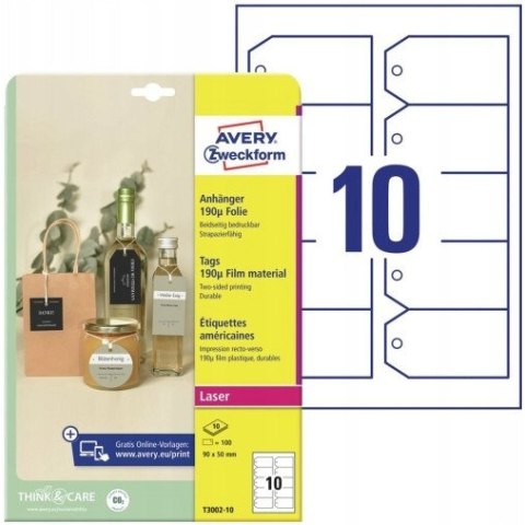Zawieszki foliowe (10 arkuszy) 90x50mm ścięte narożniki Quick&Clean T3002-10 AVERY ZWECKFORM Zawieszki foliowe (10 arkuszy) 90x50mm ścięte narożniki Quick&Clean T3002-10 AVERY ZWECKFORM