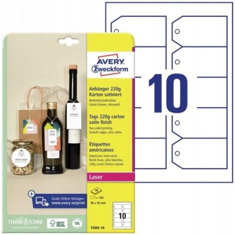 Zawieszki kartonowe (10 arkuszy) 90x50mm ścięte narożniki Quick&Clean T2002-10 AVERY ZWECKFORM Zawieszki kartonowe (10 arkuszy) 90x50mm ścięte narożniki Quick&Clean T2002-10 AVERY ZWECKFORM