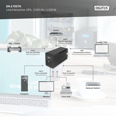 Zasilacz awaryjny UPS Line-Ineractive LCD, 2000VA/1200W, 2x12V/9Ah, AVR, 4xSCHUKO, USB, RS232, RJ45 Zasilacz awaryjny UPS Line-Ineractive LCD, 2000VA/1200W, 2x12V/9Ah, AVR, 4xSCHUKO, USB, RS232, RJ45