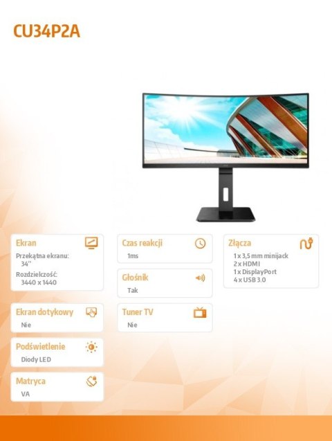 Monitor CU34P2A 34 cale VA Curved 100Hz HDMIx2 DP regulacja wysokości Monitor CU34P2A 34 cale VA Curved 100Hz HDMIx2 DP regulacja wysokości