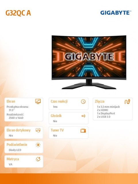 Monitor 31.5 cala G32QC A 1ms/12MLN:1/FULLHD/HDMI Monitor 31.5 cala G32QC A 1ms/12MLN:1/FULLHD/HDMI