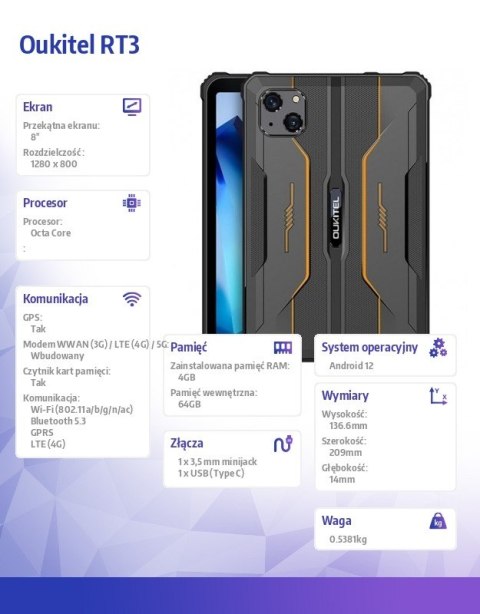 Tablet RT3 8 cali 4/64GB 5150 mAh pomarańczowy Tablet RT3 8 cali 4/64GB 5150 mAh pomarańczowy