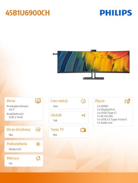 Monitor 45 cali 45B1U6900CH VA Curved HDMIx2 DP USB-C HDR HAS Kamera Monitor 45 cali 45B1U6900CH VA Curved HDMIx2 DP USB-C HDR HAS Kamera