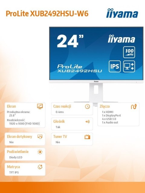 Monitor 23.8 cala XUB2492HSU-W6 IPS,HDMI,DP,100Hz,SLIM,HAS(150mm),4xUSB Monitor 23.8 cala XUB2492HSU-W6 IPS,HDMI,DP,100Hz,SLIM,HAS(150mm),4xUSB