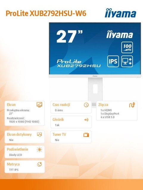 Monitor 27 cali ProLite XUB2792HSU-W6 IPS,HDMI,DP,100Hz,SLIM,4xUSB3.2,PIVOT, HAS(150mm),2x2W Monitor 27 cali ProLite XUB2792HSU-W6 IPS,HDMI,DP,100Hz,SLIM,4xUSB3.2,PIVOT, HAS(150mm),2x2W