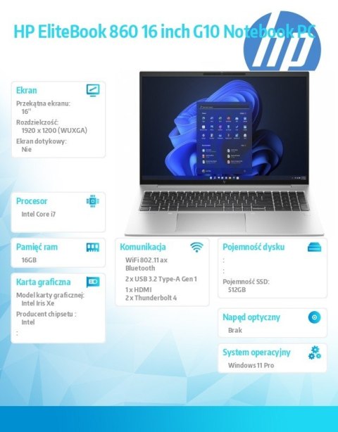 Notebook EliteBook 860 G10 i7-1355U 512GB/16GB/W11P/16.0 96X74ET Notebook EliteBook 860 G10 i7-1355U 512GB/16GB/W11P/16.0 96X74ET