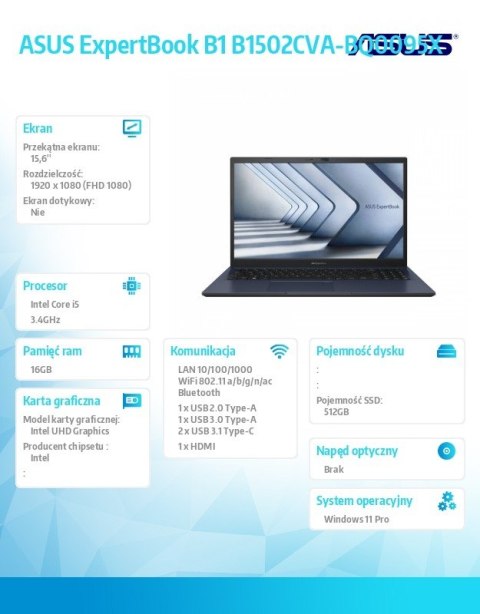 Notebook ExpertBook B1 B1502CVA-BQ0095X - i5-1335U/16GB/512GB/15.6 FHD/Win 11 PRO/3YRS Notebook ExpertBook B1 B1502CVA-BQ0095X - i5-1335U/16GB/512GB/15.6 FHD/Win 11 PRO/3YRS