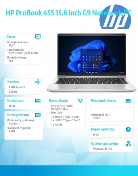 Notebook ProBook 455 G9 R5-5625U 512GB/16GB/W11P/15.6 9M3U3AT Notebook ProBook 455 G9 R5-5625U 512GB/16GB/W11P/15.6 9M3U3AT