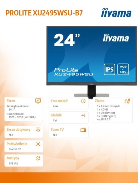 Monitor 24 cale XU2495WSU-B7 IPS,16:10,300cd,4ms,HDMI,DP,3xUSB(3.2), 1xUSB-c,2x2W,FlickerFree Monitor 24 cale XU2495WSU-B7 IPS,16:10,300cd,4ms,HDMI,DP,3xUSB(3.2), 1xUSB-c,2x2W,FlickerFree