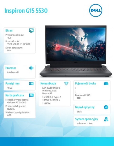 Notebook Inspiron G15 5530 Win11Pro Core i7-13650HX/16GB/1TB SSD/15.6/FHD 360Hz/GeForce RTX 4060/Cam & Mic/WLAN + BT/Backlit Kb/ Notebook Inspiron G15 5530 Win11Pro Core i7-13650HX/16GB/1TB SSD/15.6/FHD 360Hz/GeForce RTX 4060/Cam & Mic/WLAN + BT/Backlit Kb/