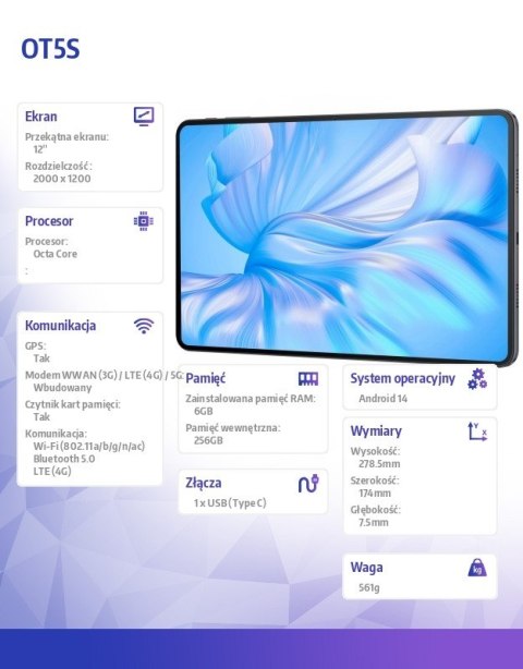 Tablet OT5S LTE 6/256GB 8250 mAh 12 cali czarny Tablet OT5S LTE 6/256GB 8250 mAh 12 cali czarny