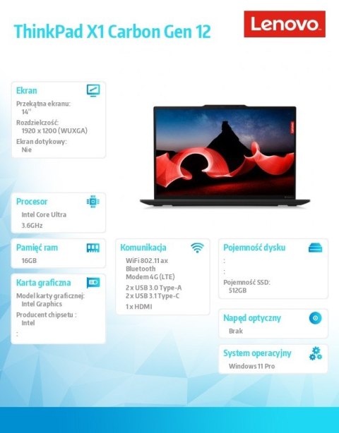 Ultrabook ThinkPad X1 Carbon G12 21KC0065PB W11Pro Ultra 5 125U/16GB/512GB/INT/LTE/14.0 WUXGA/Black/vPro/3YRS Premier Support + Ultrabook ThinkPad X1 Carbon G12 21KC0065PB W11Pro Ultra 5 125U/16GB/512GB/INT/LTE/14.0 WUXGA/Black/vPro/3YRS Premier Support +