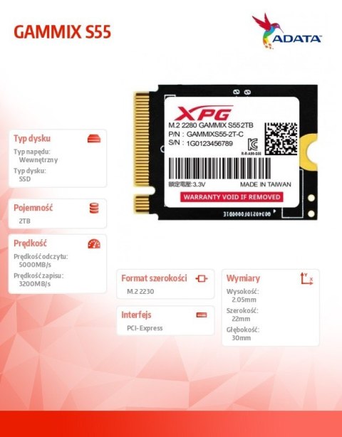 Dysk SSD XPG GAMMIX S55 2TB PCIe 4x4 5/3.2GB/s M2230 Dysk SSD XPG GAMMIX S55 2TB PCIe 4x4 5/3.2GB/s M2230