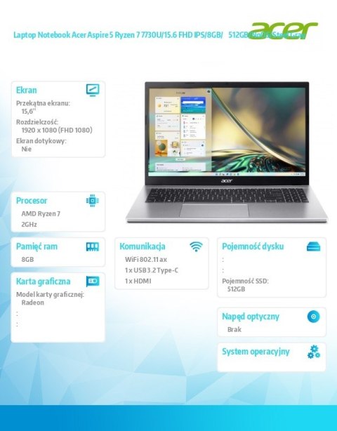Notebook Aspire 5 Ryzen 7 7730U/15.6 FHD IPS/8GB/ 512GB/NoOS/Steel Gray Notebook Aspire 5 Ryzen 7 7730U/15.6 FHD IPS/8GB/ 512GB/NoOS/Steel Gray