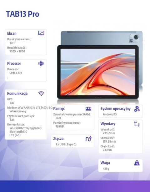 Tablet TAB13 Pro LTE 8/128GB 7680 mAh 10.1 cala niebieski Tablet TAB13 Pro LTE 8/128GB 7680 mAh 10.1 cala niebieski