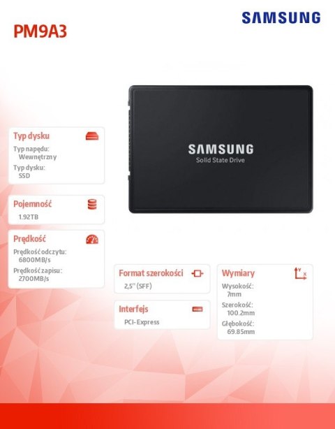 Dysk SSD PM9A3 U.2DCT 1920GB MZQL21T9HCJR-00W07 NVMe Dysk SSD PM9A3 U.2DCT 1920GB MZQL21T9HCJR-00W07 NVMe