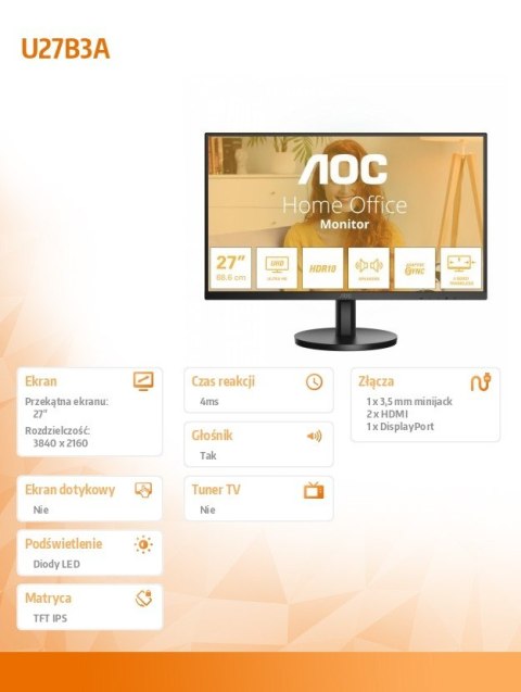Monitor U27B3A 27 cali IPS 4K HDMIx2 DP Głośniki Monitor U27B3A 27 cali IPS 4K HDMIx2 DP Głośniki