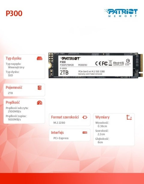 Dysk SSD P300 2TB M.2 PCIe Gen 3 x4 2100/1650 Dysk SSD P300 2TB M.2 PCIe Gen 3 x4 2100/1650