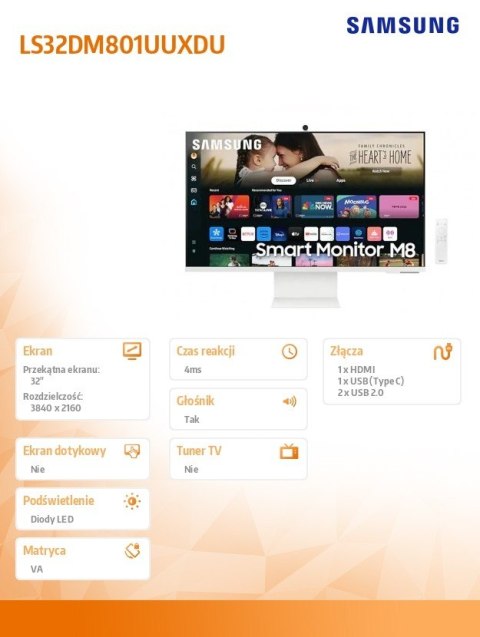 Monitor 32 cale SMART M80D VA 3840x2160 UHD 16:9 1xHDMI 1xUSB-C (65W) 2xUSB 2.0 4ms WiFi/BT HAS+PIV Webcam głośniki płaski biały Monitor 32 cale SMART M80D VA 3840x2160 UHD 16:9 1xHDMI 1xUSB-C (65W) 2xUSB 2.0 4ms WiFi/BT HAS+PIV Webcam głośniki płaski biały