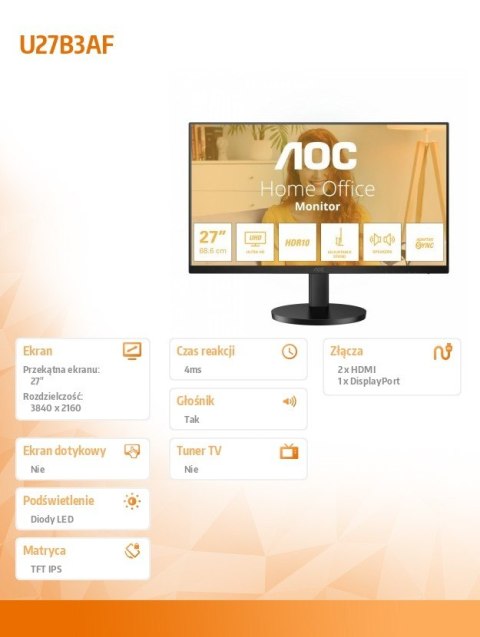Monitor U27B3AF 27 cali IPS 4K HDMIx2 DP HAS Głośniki Monitor U27B3AF 27 cali IPS 4K HDMIx2 DP HAS Głośniki