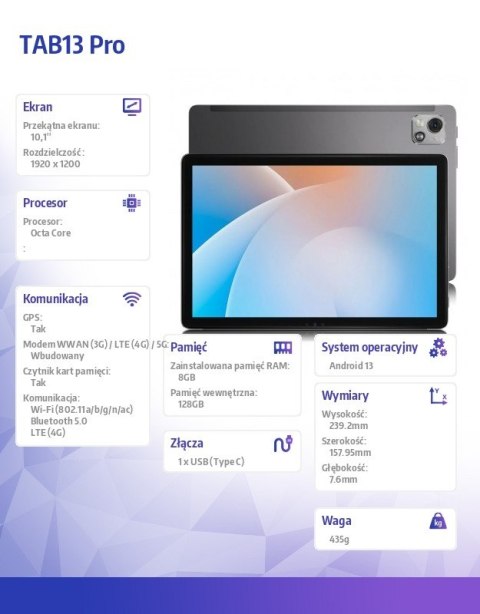 Tablet TAB13 Pro LTE 8/128GB 7680 mAh 10.1 cala szary Tablet TAB13 Pro LTE 8/128GB 7680 mAh 10.1 cala szary