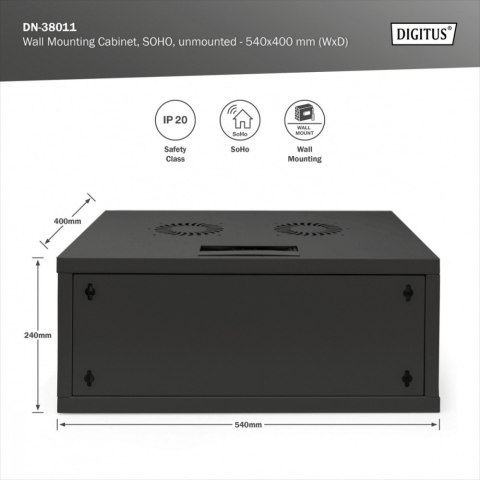 Szafa sieciowa wisząca 19" 4U, SOHO 241 x 540 x 400 mm, nośność 60kg, drzwi szyba, niezłożona, Czarna Szafa sieciowa wisząca 19" 4U, SOHO 241 x 540 x 400 mm, nośność 60kg, drzwi szyba, niezłożona, Czarna